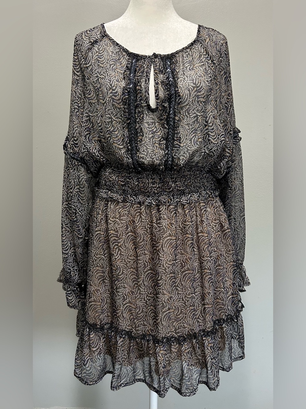 Endless Blu Sheer Boho Mini Dress Leaf Print Beaded Ruffle Black Cream - Picture 2 of 9